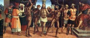 The Flagellation, detail of the predella panel from the altarpiece of the Trinity with Madonna and Child and SS. Augustine and Anastasius by Luca Signorelli