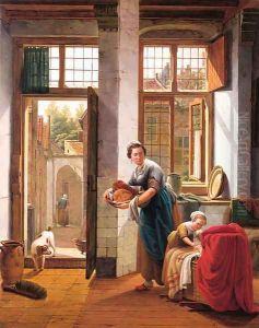 A mother with her children in the hall of a town house