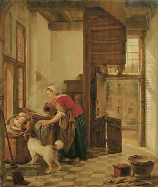 An interior with a child seated in a high chair teasing a dog, a servant washing by the window behind her - view 1