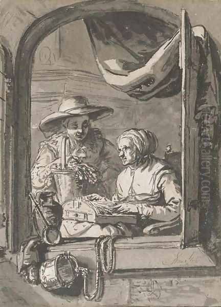 A woman with a basket of flowers and another making lace, seen through an open window - view 1