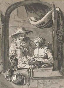 A woman with a basket of flowers and another making lace, seen through an open window by Abraham van, I Strij