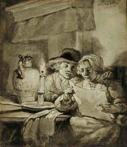 A couple reading by candlelight by Abraham van, I Strij