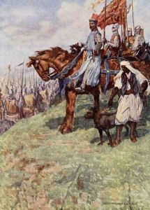 The Lionheart seated on horseback, by his side stood the Nubian slave, holding a hound in leash, illustration from The Talisman A Tale of the Crusaders by Sir Walter Scott by Vedder Simon Harmon