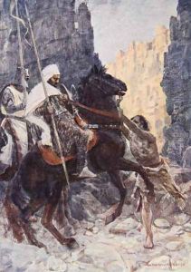 The Scottish knight Sir Kenneth with the Saracen surprised by Hamako as they rode in the Valley of the Shadow of Death illustration for The Talisman A Tale of the Crusaders by Sir Walter Scott by Vedder Simon Harmon