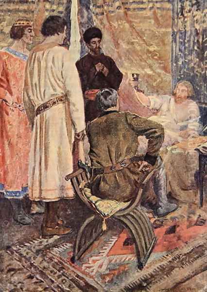Richard the Lionheart raised himself in his bed and took a cup in his hand illustration for The Talisman A Tale of the Crusaders by Sir Walter Scott - view 1