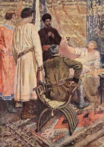 Richard the Lionheart raised himself in his bed and took a cup in his hand illustration for The Talisman A Tale of the Crusaders by Sir Walter Scott by Vedder Simon Harmon