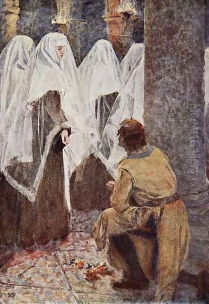 The Scottish Knight on one knee watched as the veiled nuns walked past illustration for The Talisman A Tale of the Crusaders by Sir Walter Scott - view 1