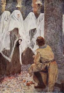 The Scottish Knight on one knee watched as the veiled nuns walked past illustration for The Talisman A Tale of the Crusaders by Sir Walter Scott