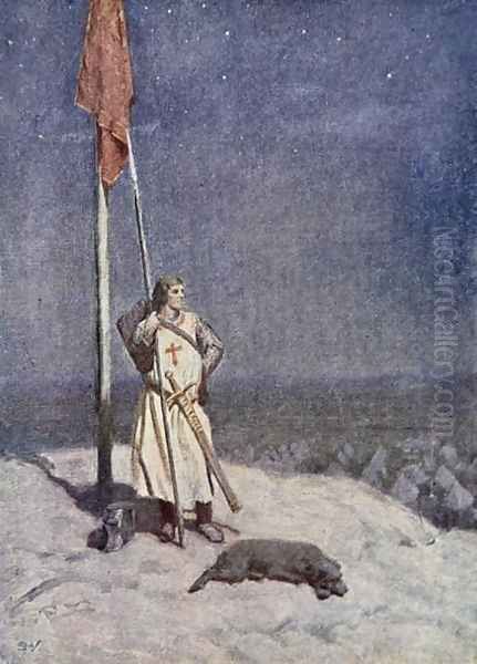 The Knight stands watch on St. Georges Mount with the banner of England, illustration from The Talisman A Tale of the Crusaders by Sir Walter Scott - view 1