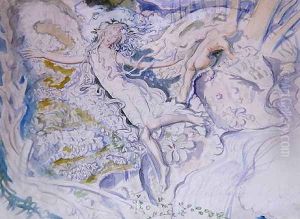 Fairy floating with nude youth in background by Mark Lancelot Symons