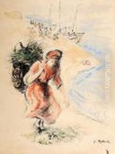 Woman Carrying A Basket On Her Back At The Sea Shore by Issachar ber Ryback