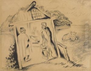 Three Men Praying In The Sukkah by Issachar ber Ryback