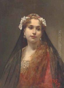 A young maiden dressed in a floral veil by Alois Hans Schram