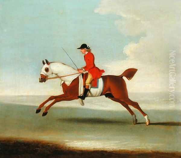 Galloping Racehorse and mounted Jockey in Red - view 1