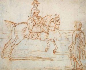 A lady riding side-saddle turns to look at a dismounted rider 2 by James Seymour