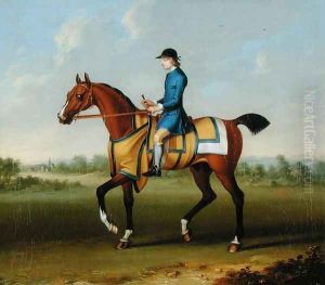A Bay Racehorse with Jockey Up