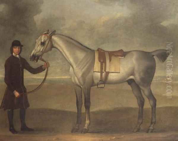 Grey racehorse held by a groom - view 1