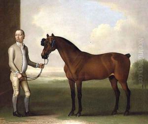 Regulus, a dark bay racehorse with a groom