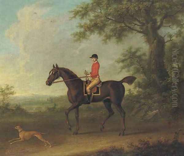Sedbury, with jockey up, and a greyhound - view 1