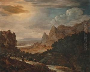 A Mountainous Wooded Landscape With Travellers On A Track, A Hilltop Town Beyond by Herman Saftleven