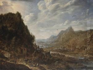 A Rhenish Landscape With Numerous Vessels Moored At A Quay By A Cooperage A Rhenish Landscape With Numerous Vessels Moored At A Quay By A Cooperage