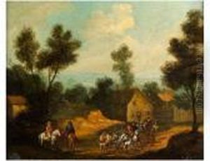 Landschaft Mit Pferdekarren Und Reitern Vor Einer Hausergruppe by Herman Saftleven