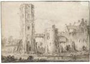 View Of A Walled Town With A Ruined Tower Reached By A Bridge