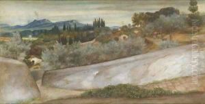 A Tuscan landscape with village and olive grove by John Roddam Spencer Stanhope
