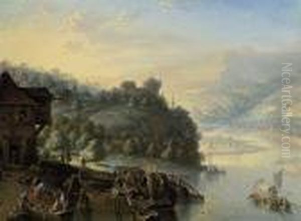 A Rhenish Landscape With Boats On A Riverbank - view 1