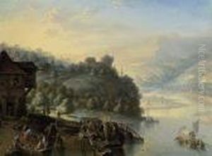 A Rhenish Landscape With Boats On A Riverbank by Herman Saftleven