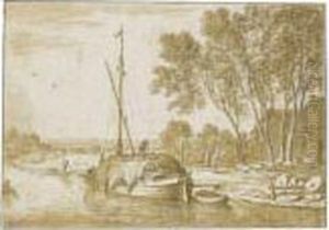 River Landscape With A Hay-barge Moored By Farm Buildings,millstones In The Foreground by Herman Saftleven