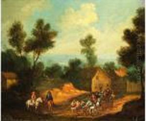 Landschaft Mit Pferdekarren Und Reiternvor Einer Hausergruppe