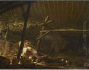 Barn Interior With A Ruined
Water Well, Copper Pots, Baskets And Other Objects, Together With Three
Ducks by Herman Saftleven
