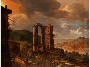 Landschaft Mit Romischer Ruine 
Uber Einem Flusstal Mit Blick Auf Ferne Hugel Und Gebauden Am Ufer