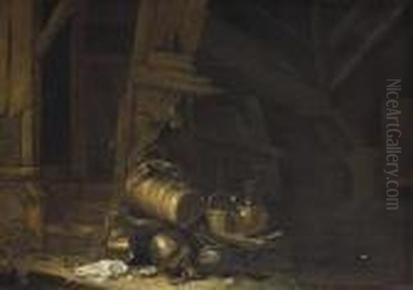 A Butter Churn, A Basket Of
Figs, A Bowl Of Eggs, A Frying Pan, A Broken Lamp, A Kiln And Other
Vessels In A Barn - view 1