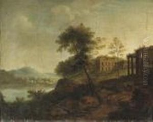 A Wooded River Landscape With Peasants Near Ancient Ruins