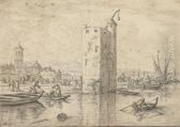 A Bustling Canal Scene With A
Town To The Left And A Large Tower,men In Boats In The Foreground - view 1