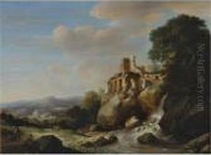 Travellers By A River With Ruins Above, An Extensive Landscape Beyond by Herman Saftleven