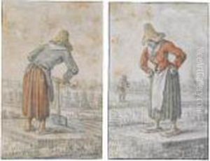 Two Drawings Of Women Cutting Peat by Herman Saftleven