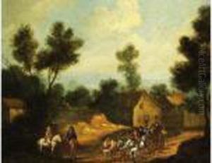 Landschaft Mit Pferdekarren Und Reitern Vor Einerhausergruppe