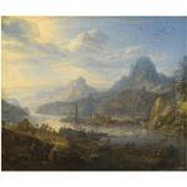 An Extensive Rhenish River Landscape With Barges And Mountainsbeyond - view 1