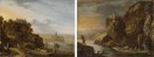 An Extensive River Landscape With Figures Fishing by Herman Saftleven