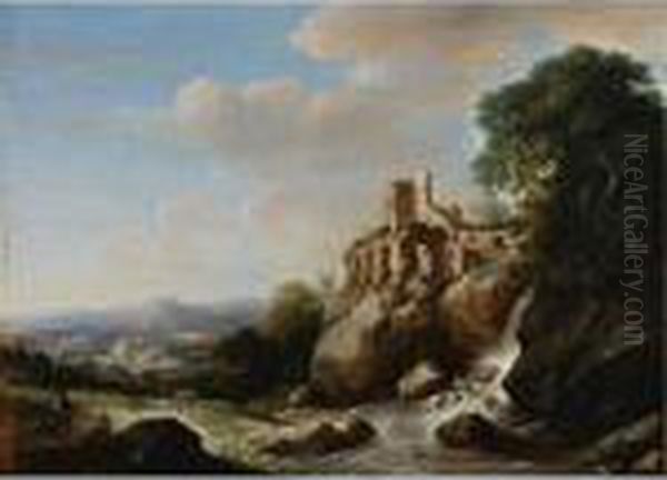Travelers By A River With Ruins Above, An Extensive Landscape Beyond - view 1