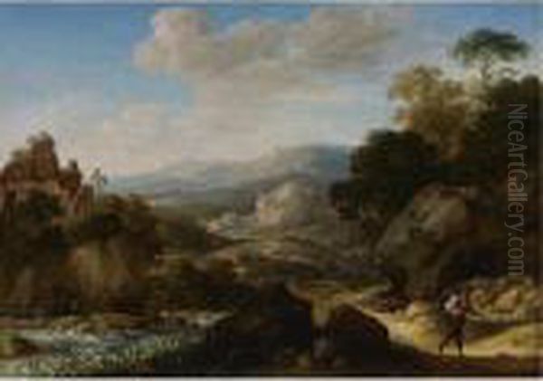 Mountainous Landscape With Travelers by Herman Saftleven