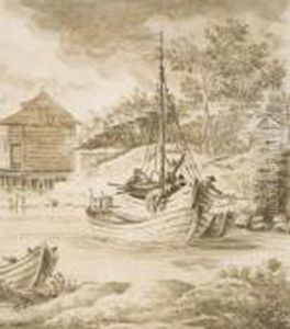 Un Paysage De Riviere Avec Des Marins Amarrant Un Bateau ( by Herman Saftleven
