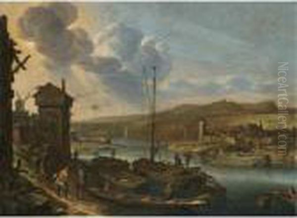 A Rhenish River Landscape With Figures Unloading Boats At The Quayside - view 1