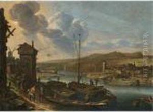 A Rhenish River Landscape With Figures Unloading Boats At The Quayside