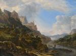 A Rhenish Riverlandscape With A 
Figures Loading Barges In The Foreground And Travellers Resting On A 
Hillside Nearby