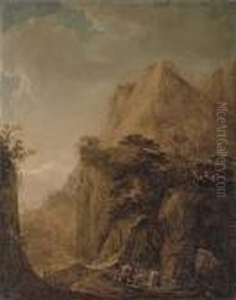 A Rocky Landscape With Travellers On A Path And Peasants By A Lake - view 1