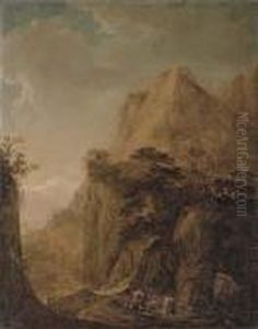 A Rocky Landscape With Travellers On A Path And Peasants By A Lake by Herman Saftleven